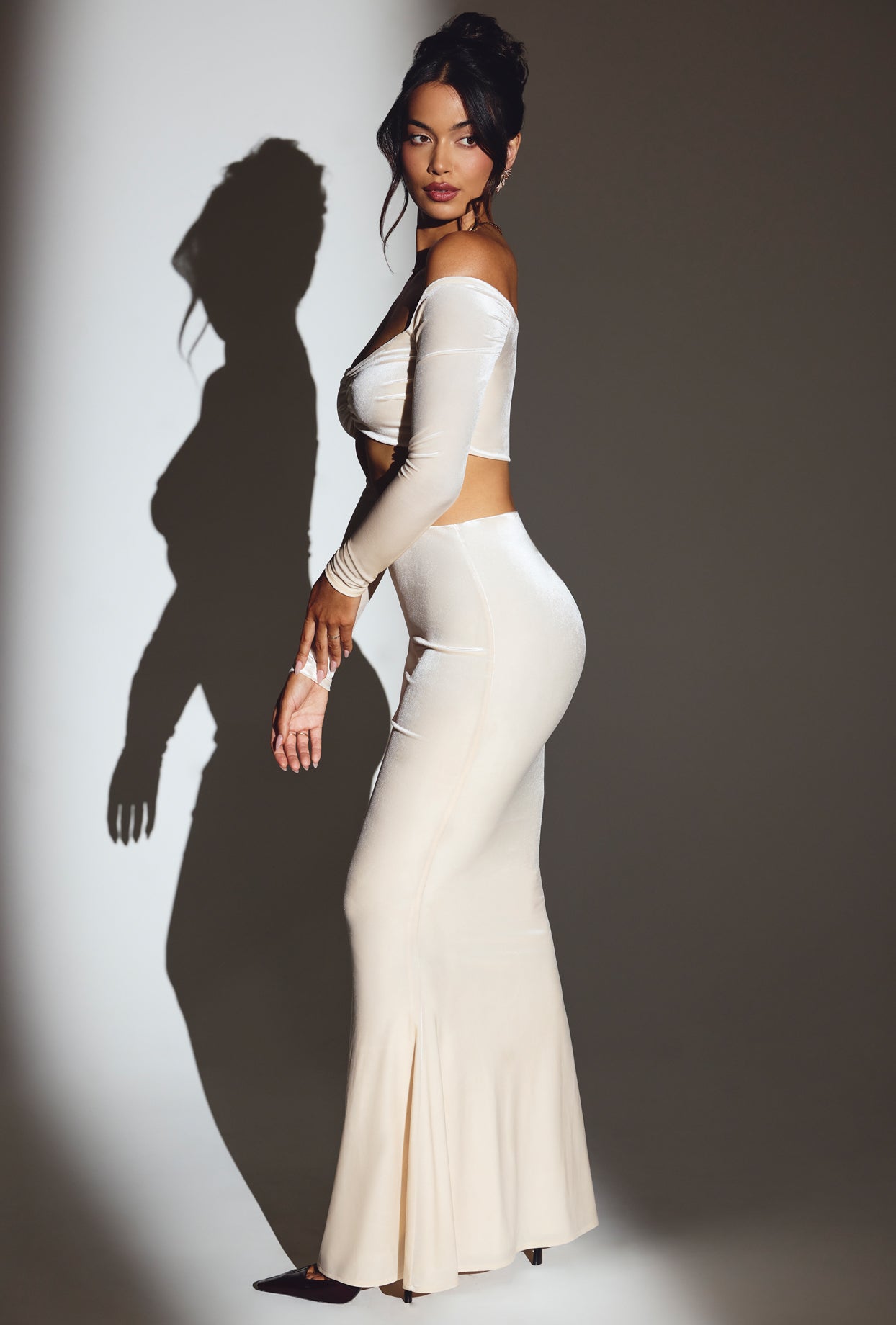 Velvet Off-Shoulder Ruched Crop Top in Ivory