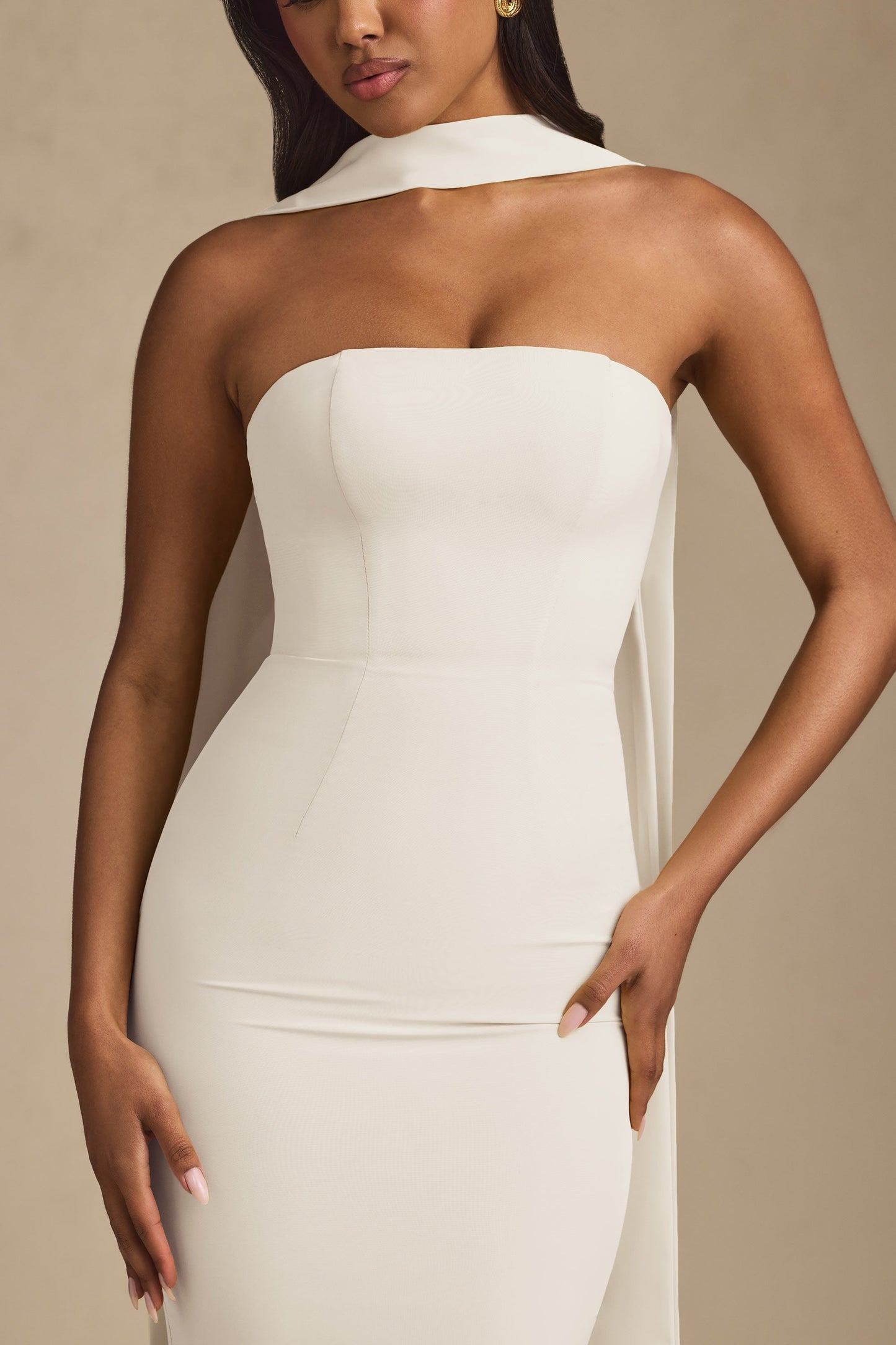 Scarf-Detail Strapless Gown in Ivory