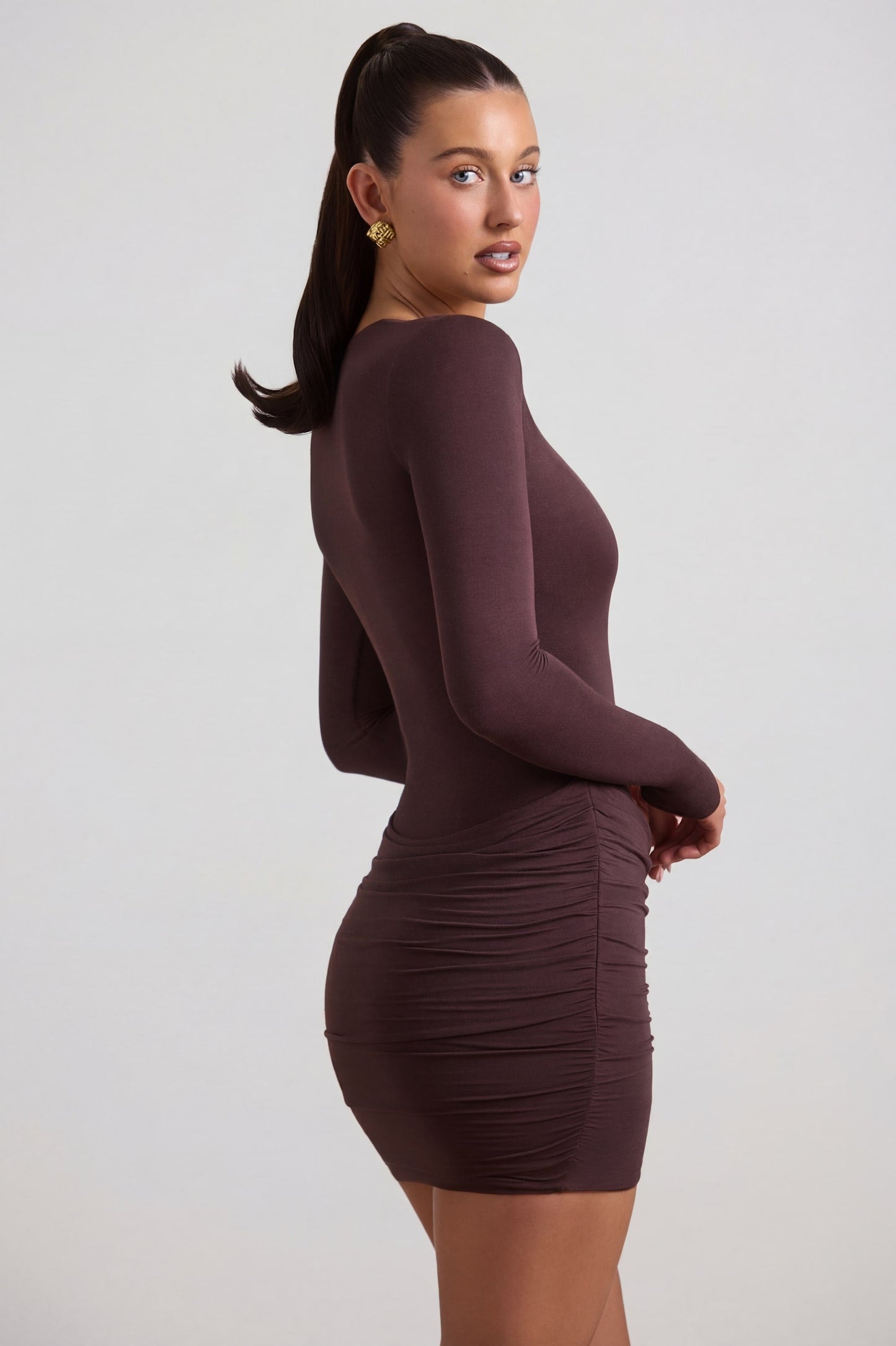 Modal-Cashmere Blend Draped Long-Sleeve Mini Dress in Espresso